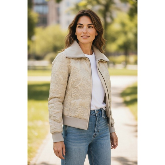 Calvin Klein Jeans Jackets & Blazers - Calvin Klein Jeans Quilted Bomber Jacket Women Large Beige Floral Zip Up Size L